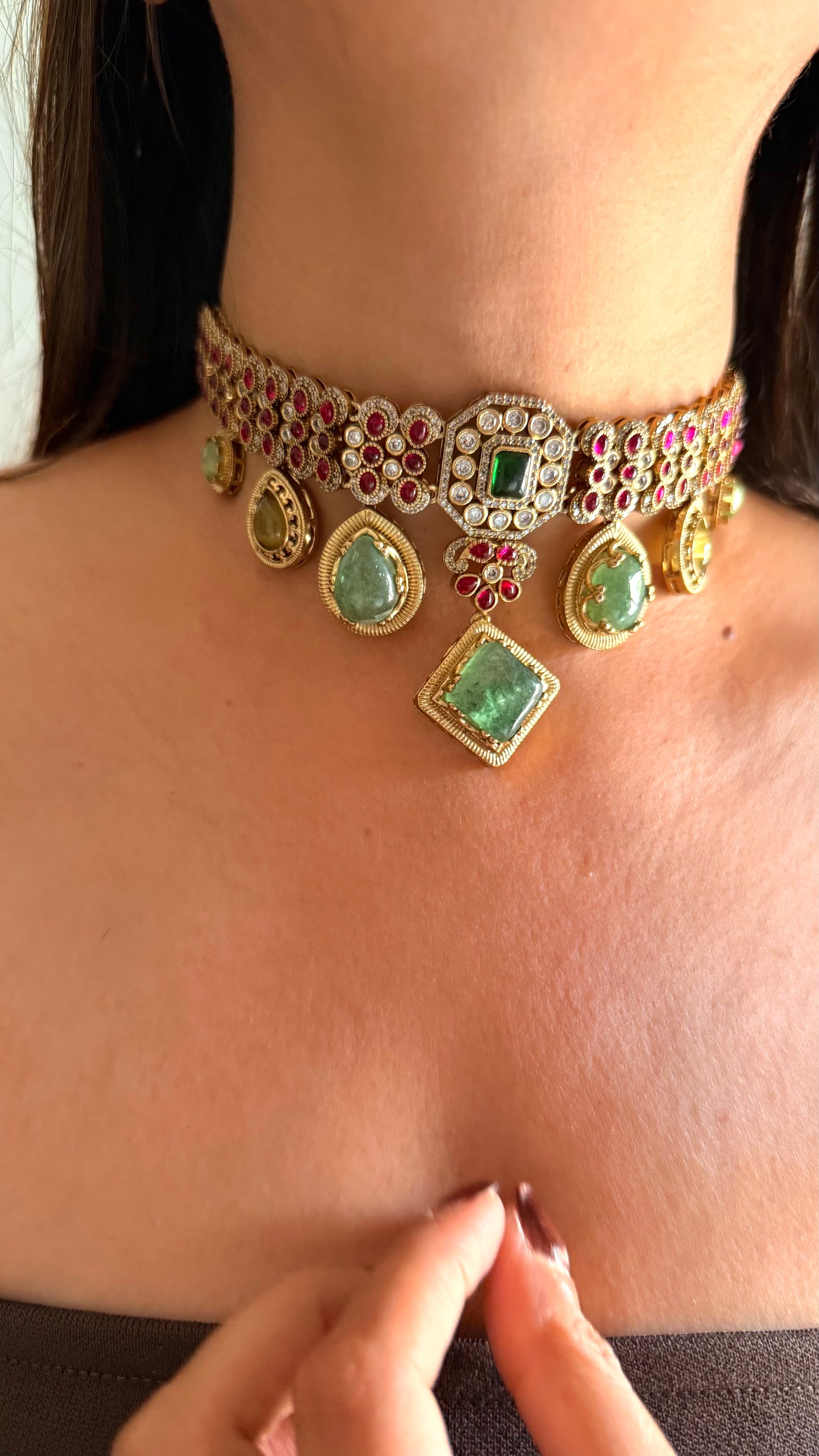 Vanya Mint doublet and rani pink moissanite choker set