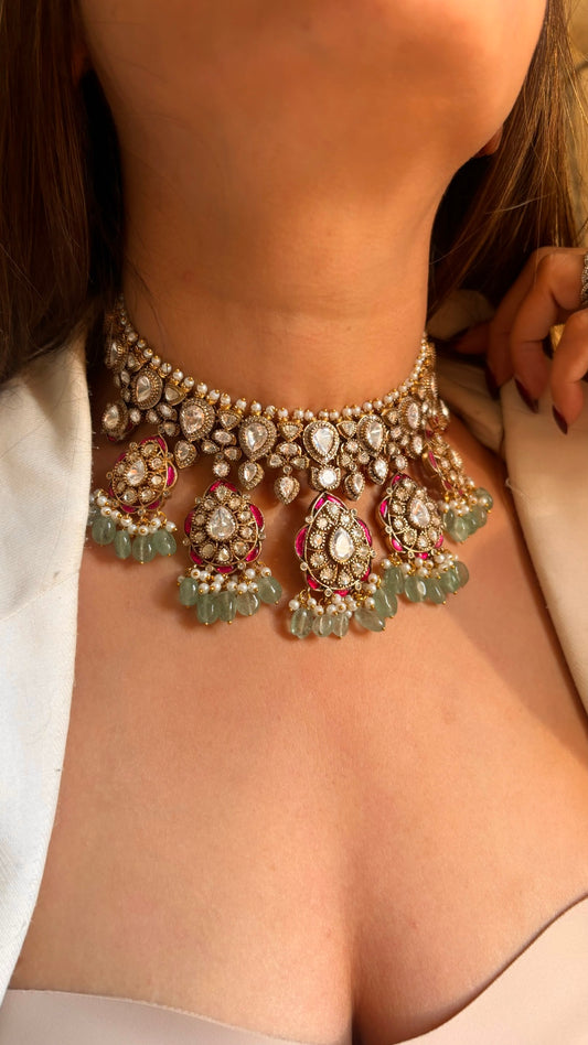 Moissanite rani pink & mint choker necklace with earrings