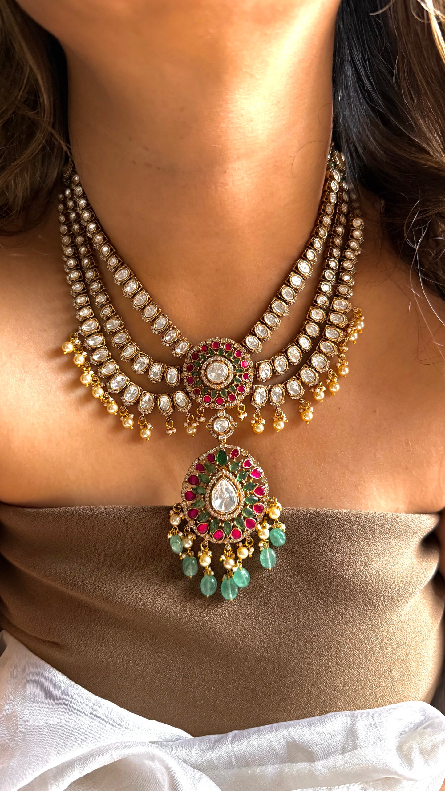 Triple layer uncut victorian Necklace with rani pink & Mint detailing