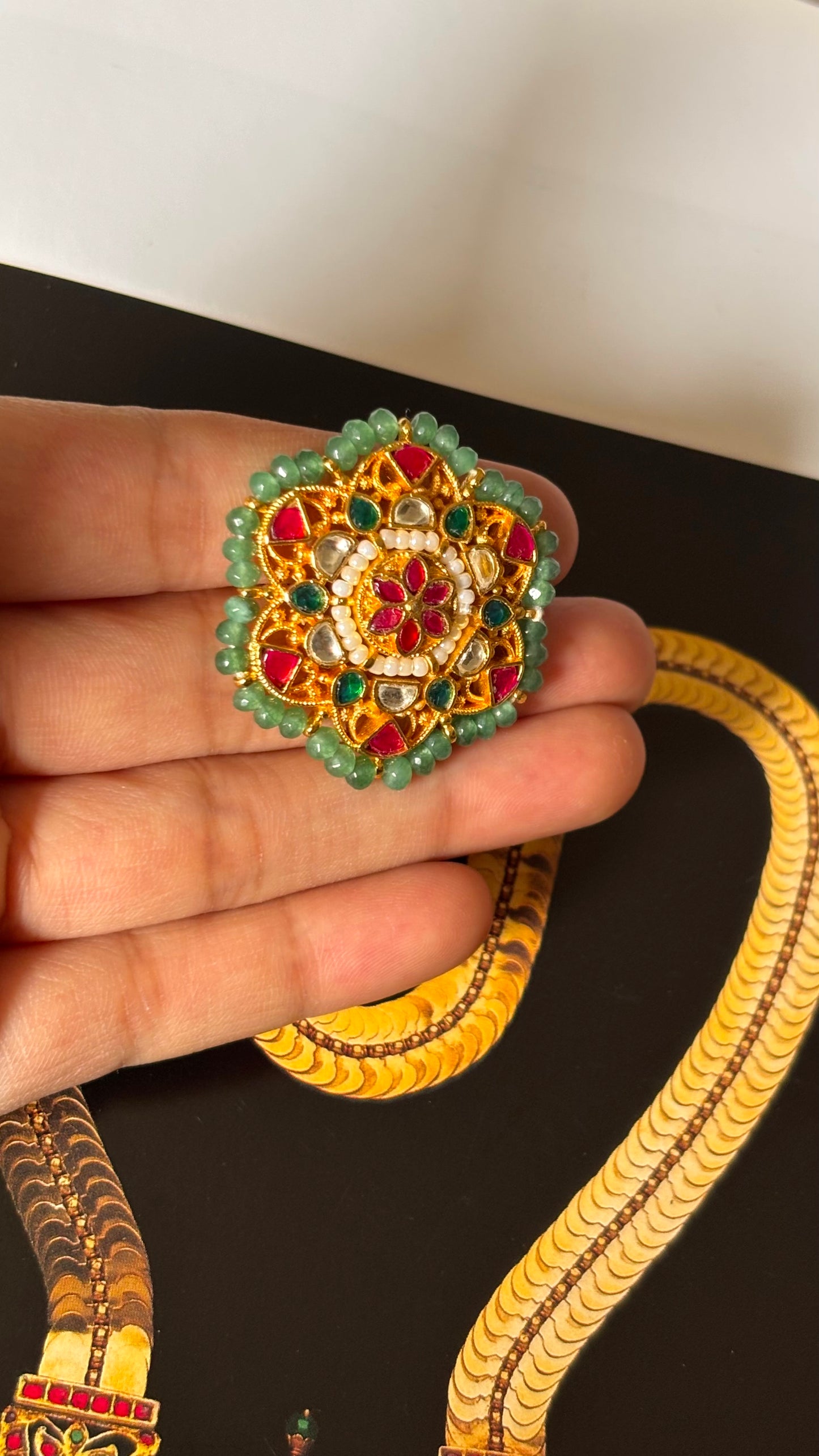 Floral nakashi Paachi Kundan adjustable ring