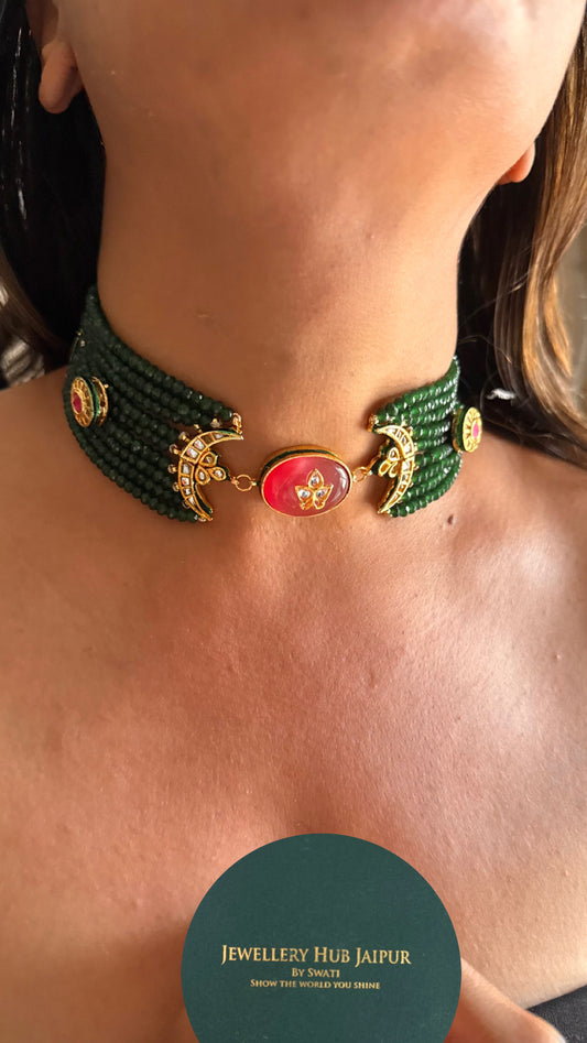 Rose quartz inlay meenakari with emerald pearl detailing choker Necklace