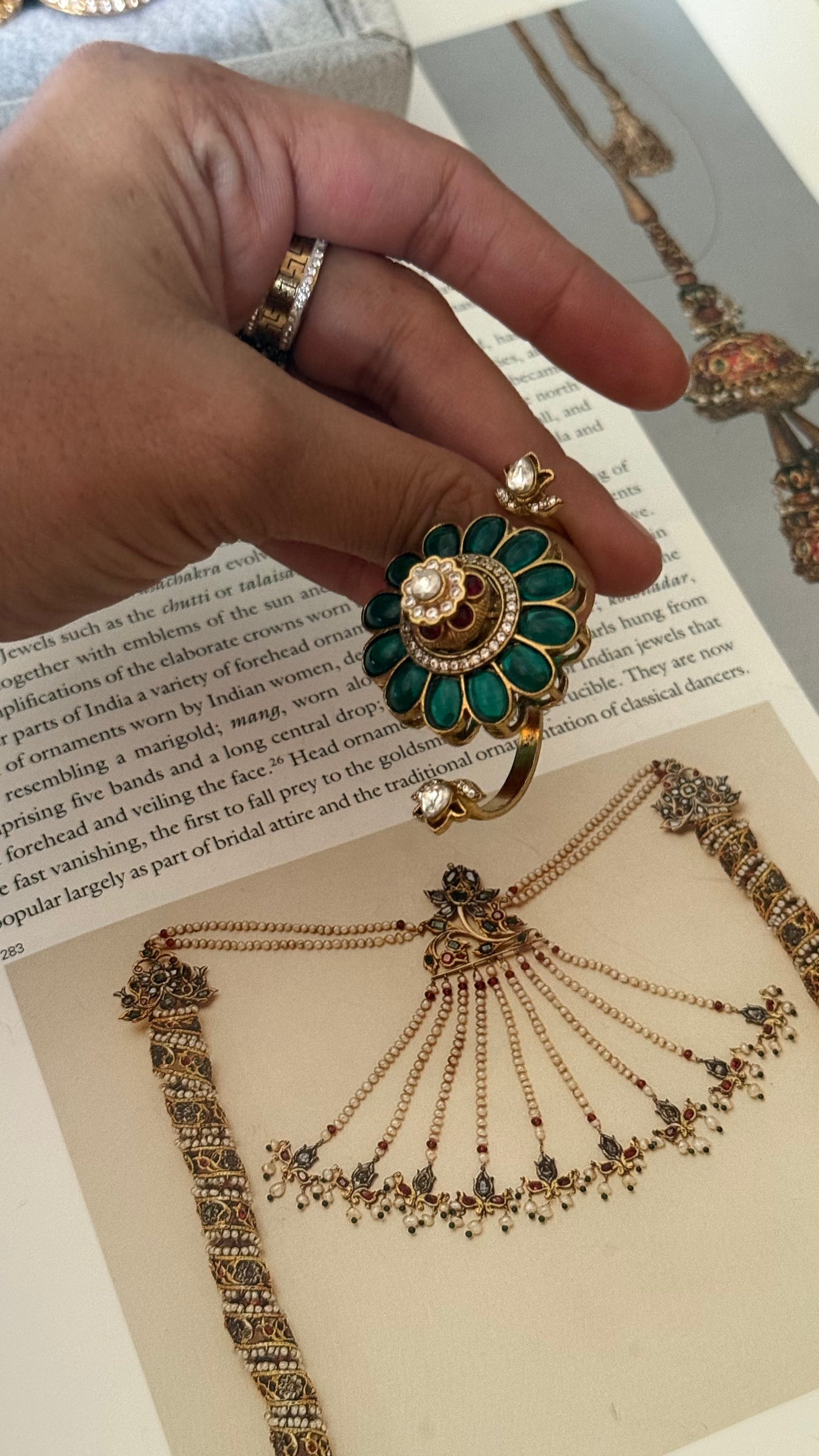 Emerald & ruby floral double finger ring