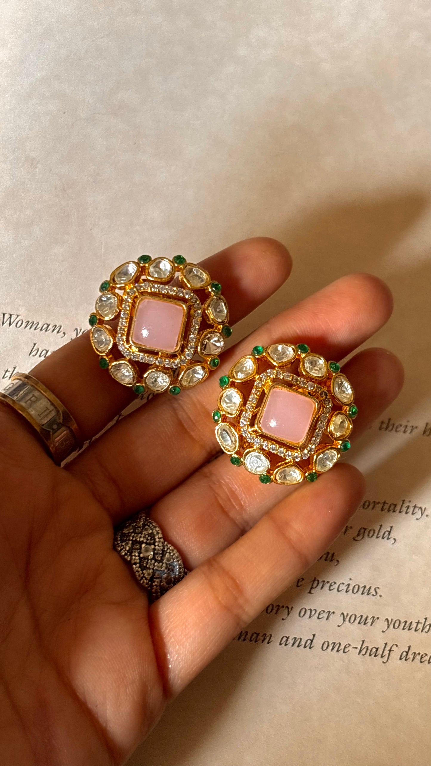 Rose quartz moissanite with emerald Studs