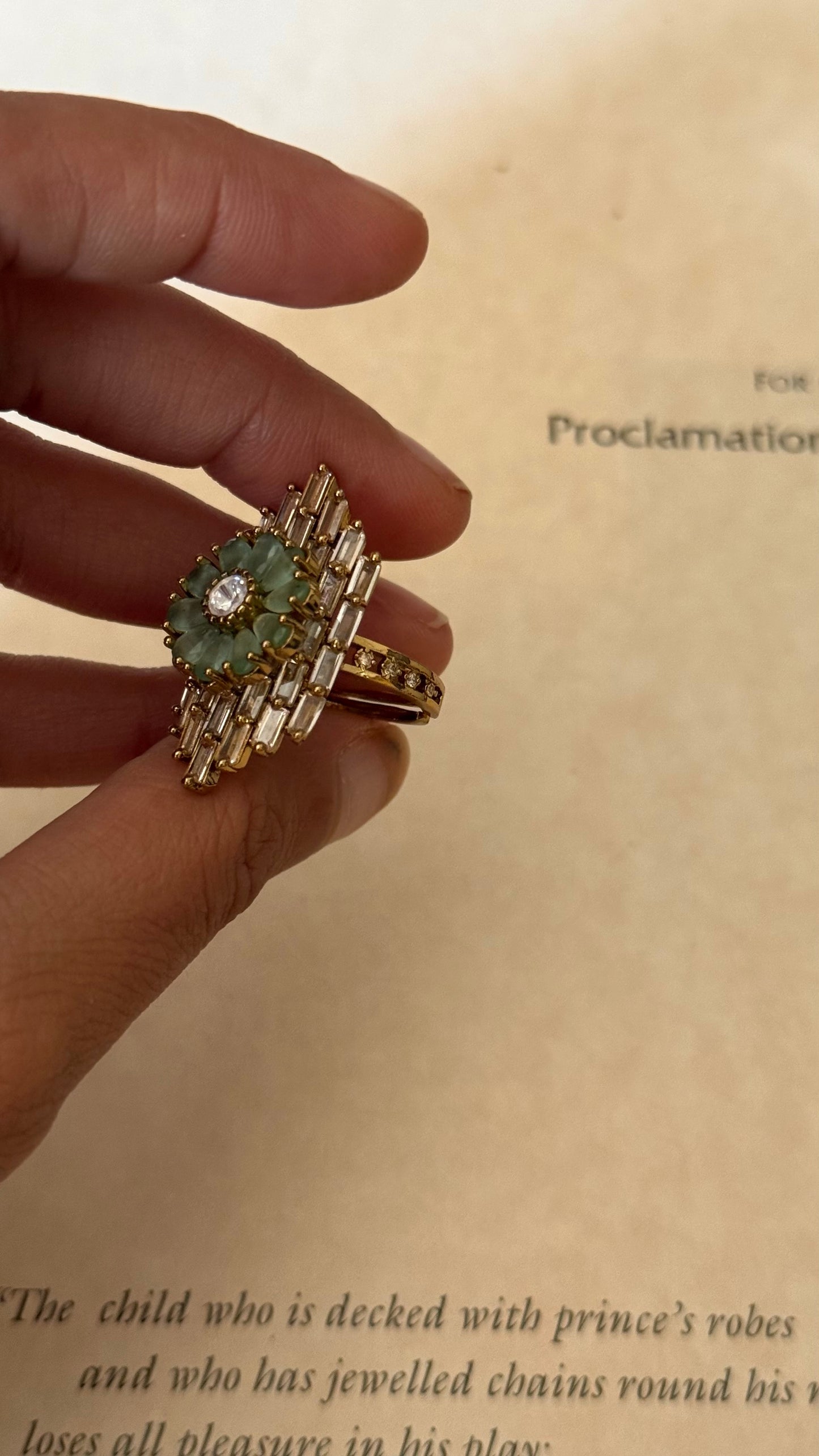 Mint floral designer cocktail adjustable ring