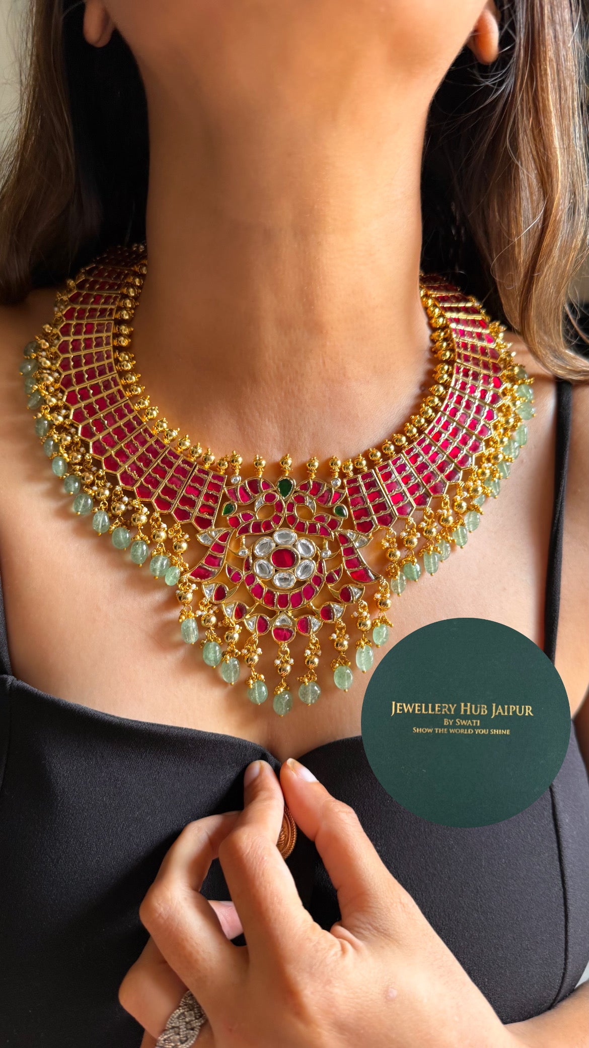 Real Kemp Rani pink & emerald paachi rajwada with mint drop collar set