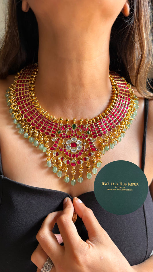 Real Kemp Rani pink & emerald paachi rajwada with mint drop collar set