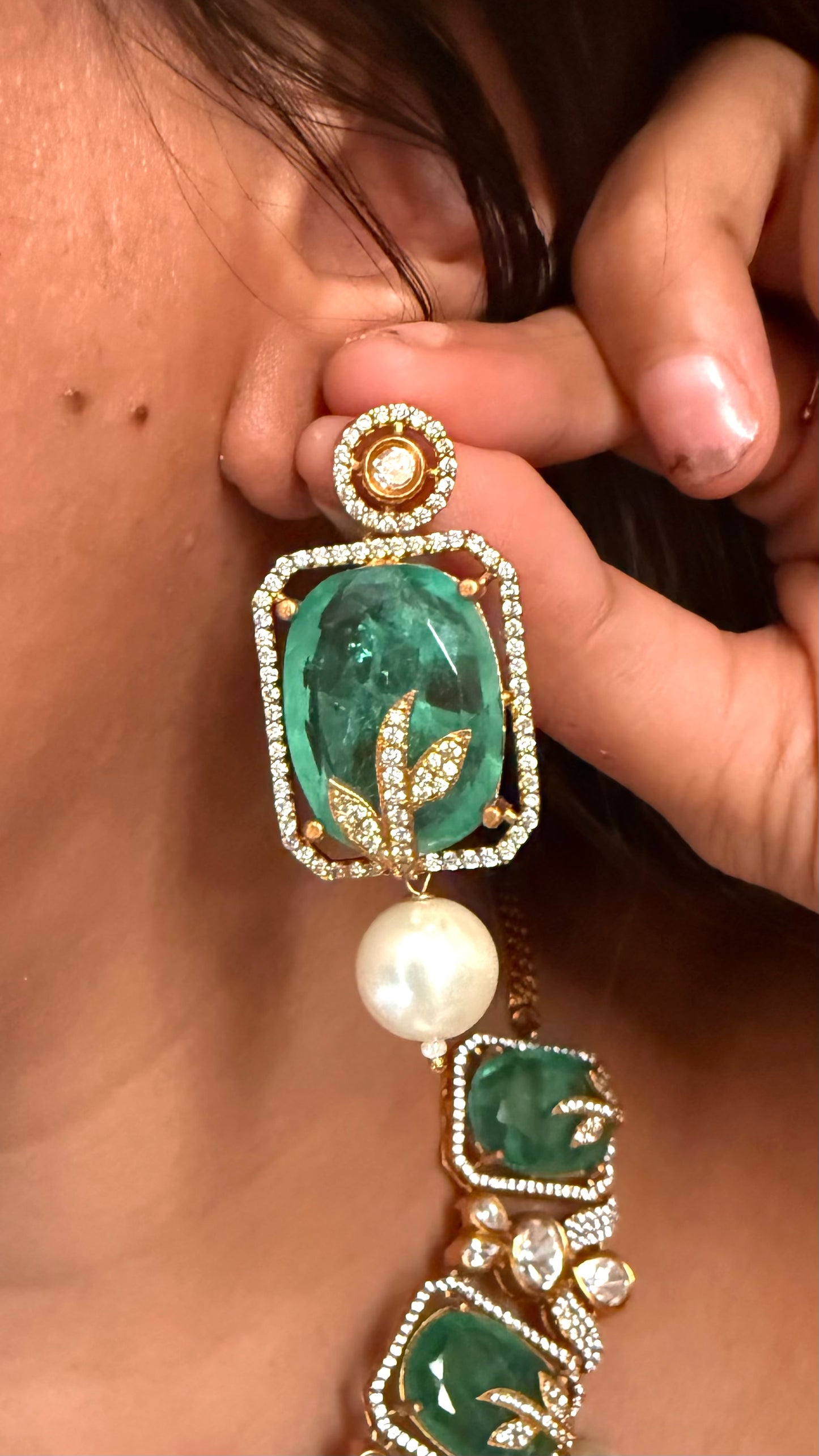 Mint doublet pearl drop designer collar necklace