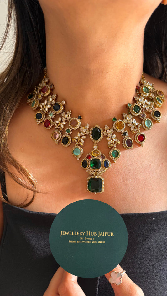 Mixed stone sabyasachi inspired designer collar necklace (emerald)