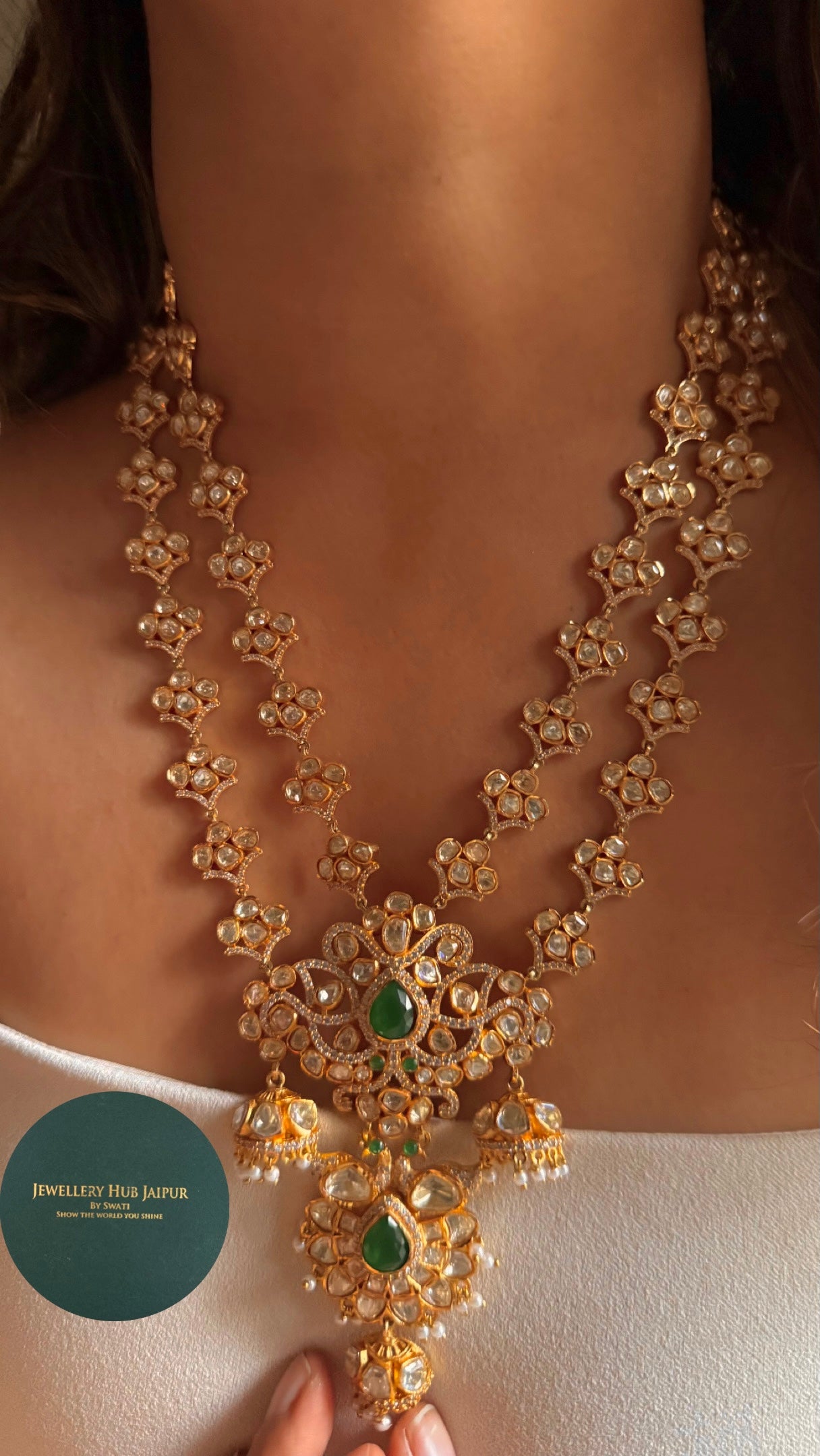 Emerald designer dual layered real moissanite Necklace