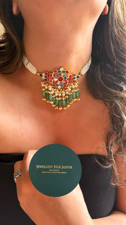 Paachi Kundan jadau with multicoloured thread choker Necklace