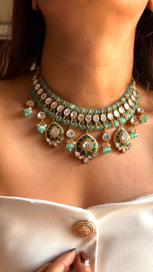 Mint doublet moissanite & emerald katdana set