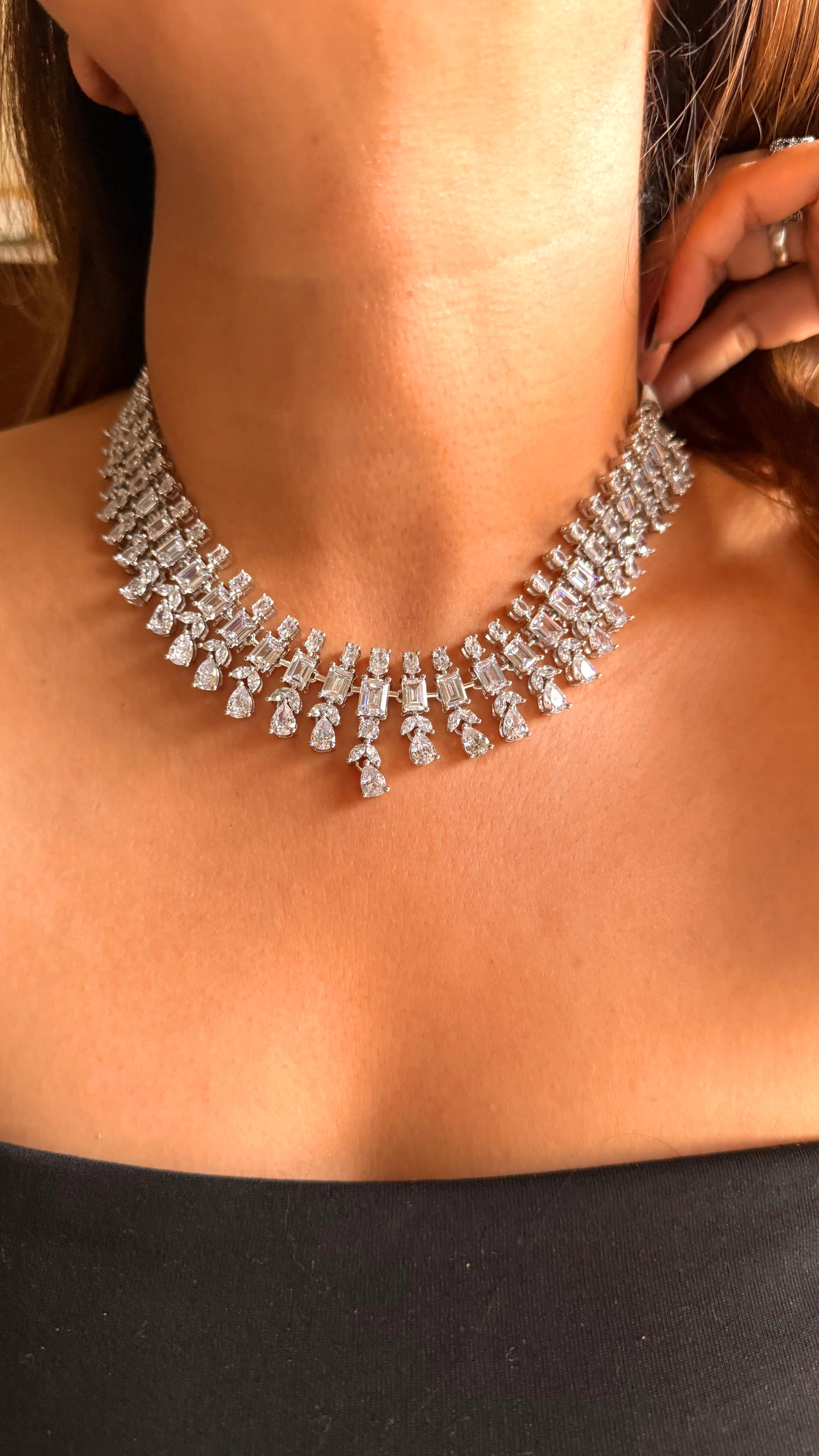Block & drop shape cz diamond necklace