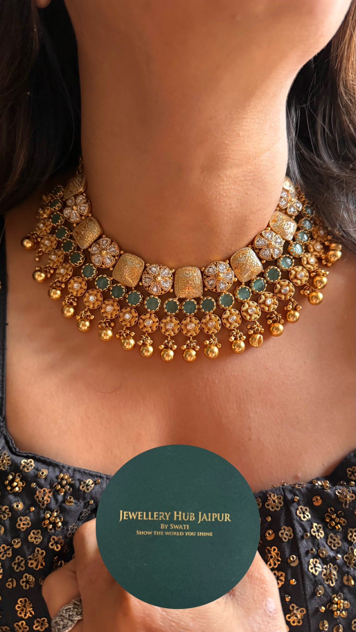 Heritage polki mint Meenakari necklace