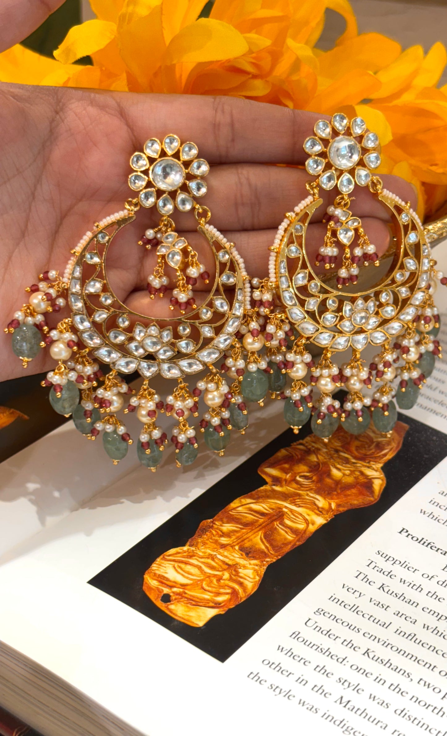 Ruby paachi chandbali with mint strawberry drops earrings