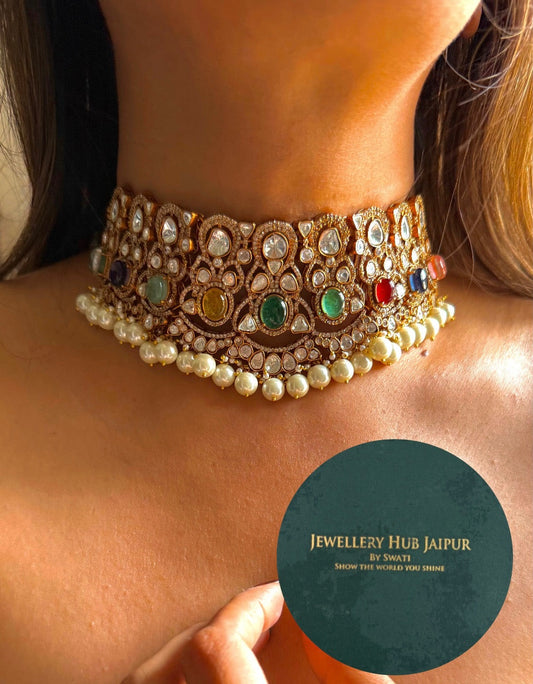 Navratna moissanite with pearl drop choker