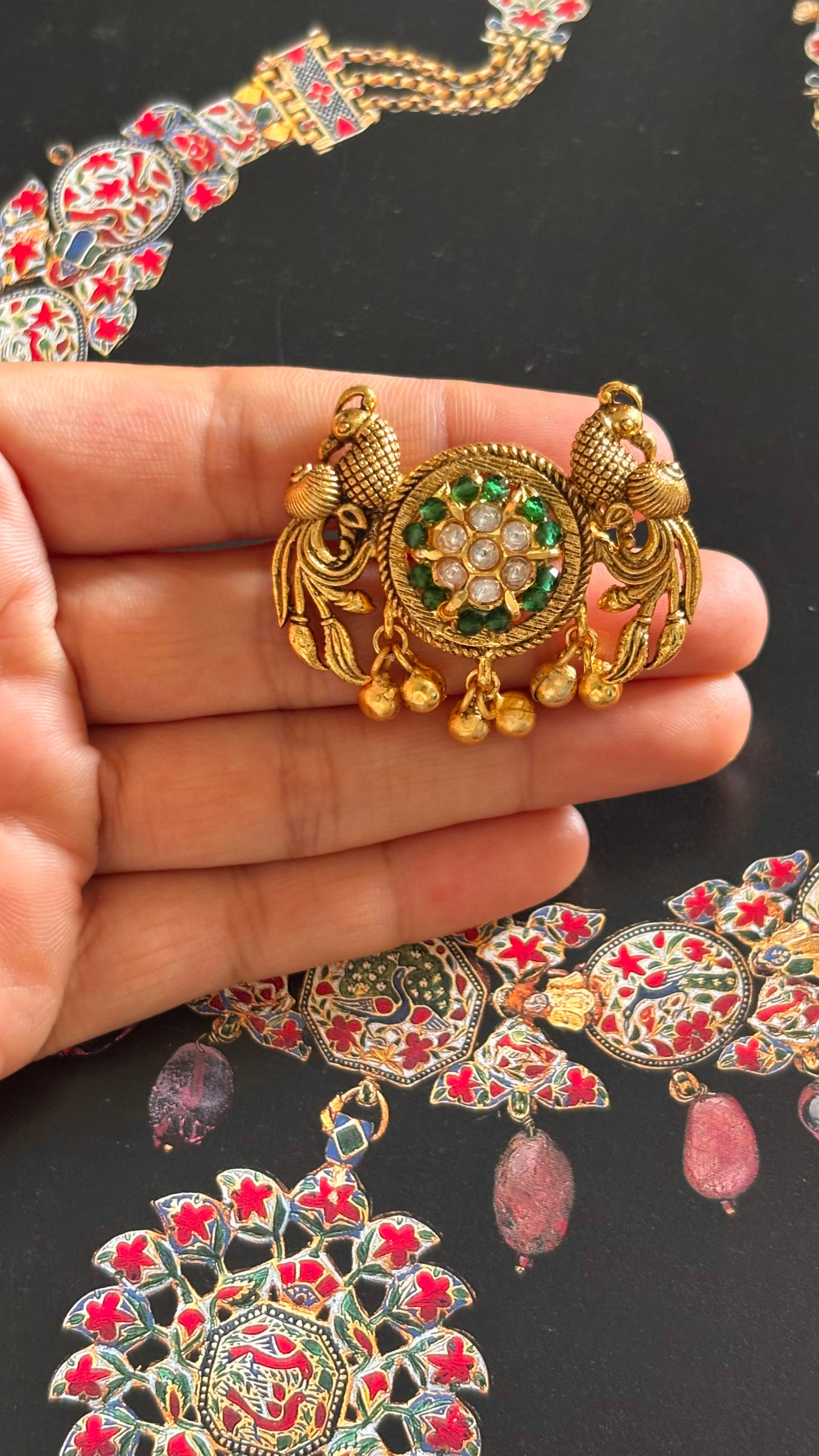 Peacock inspired emerald with gungroo drops adjustable ring
