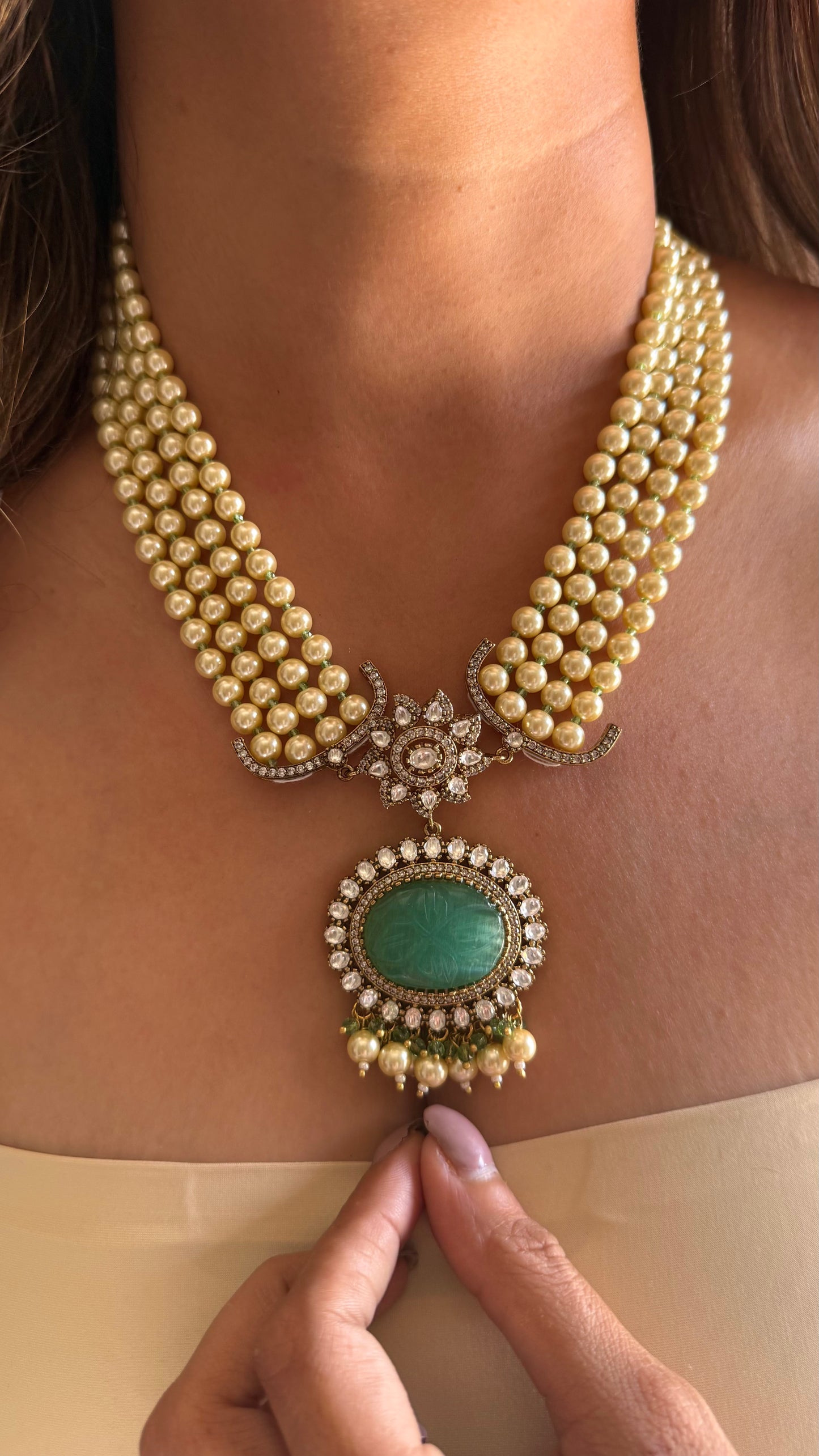 Firoza doublet pearl moissanite mid length necklace