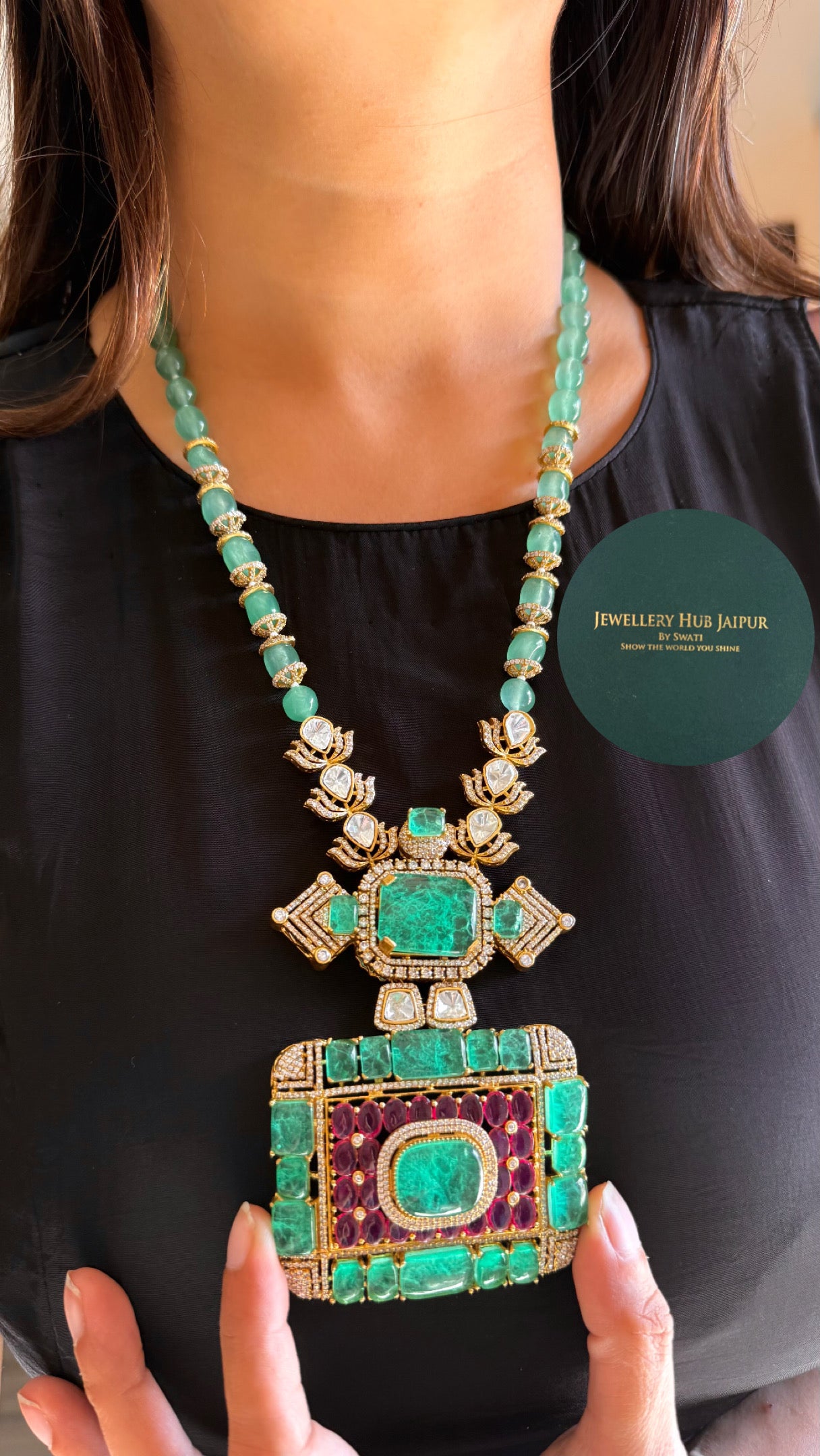 Ruby & mint Moissanite doublet designer necklace