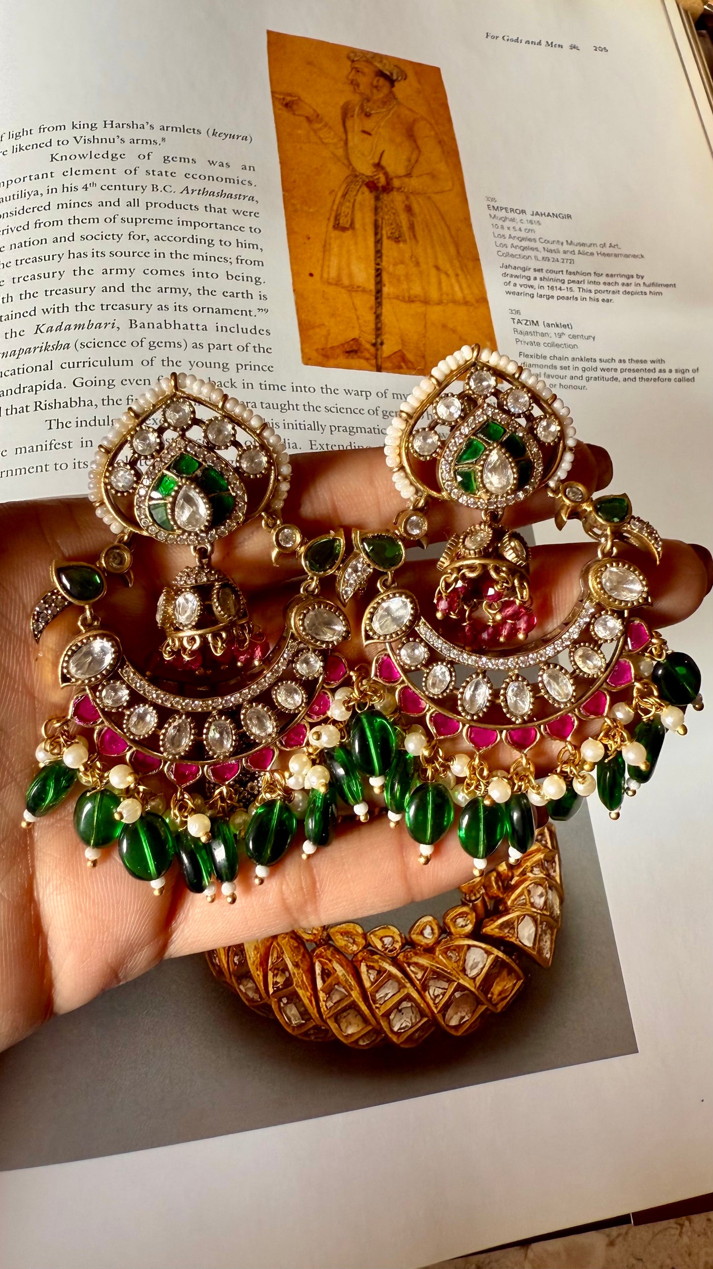 Rani pink & emerald moissanite polki chandbali