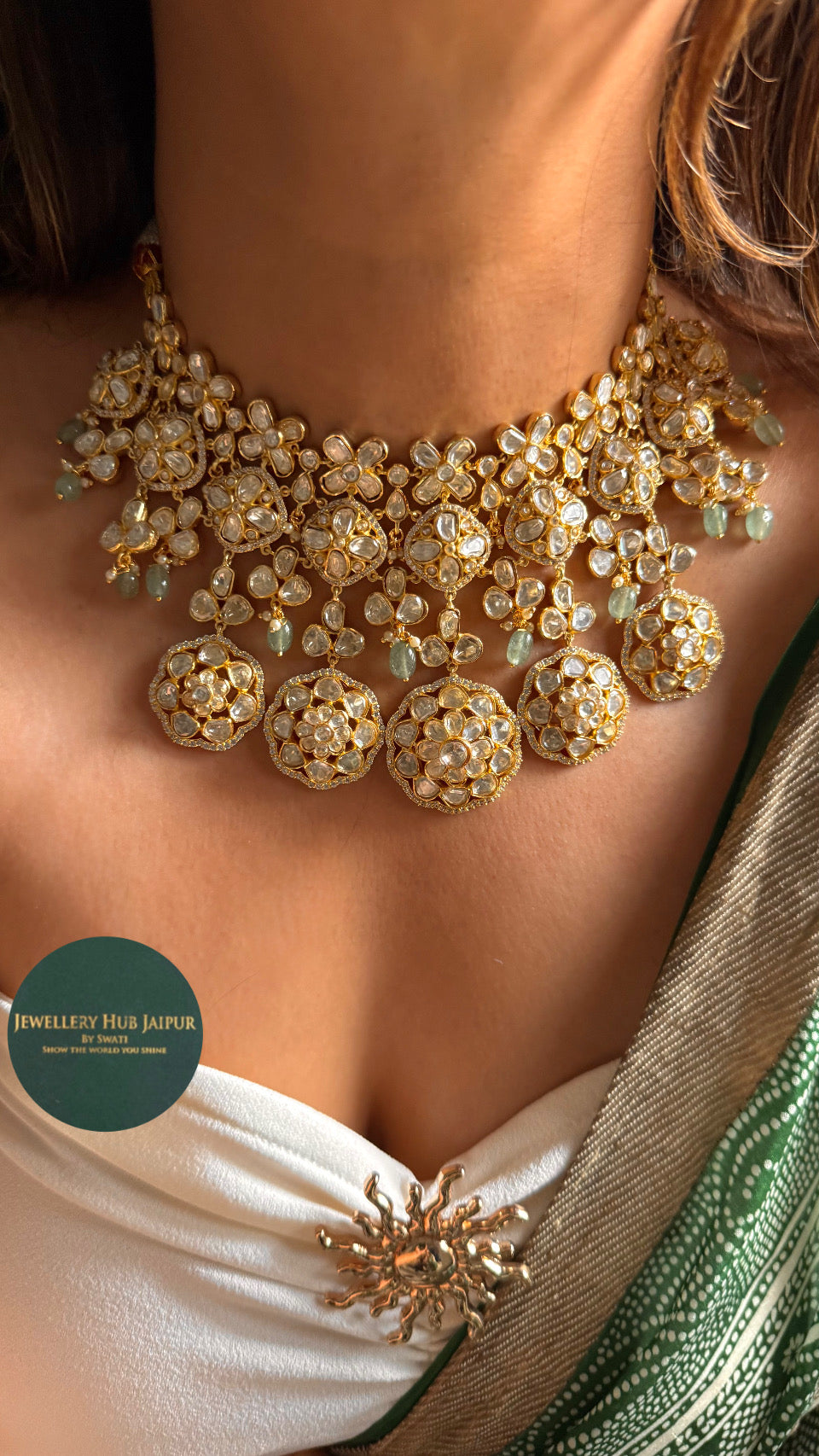Real Moissanite with peeli polki mint drops necklace