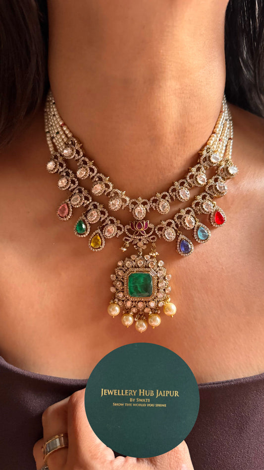 Emerald doublet with dual line collar necklace