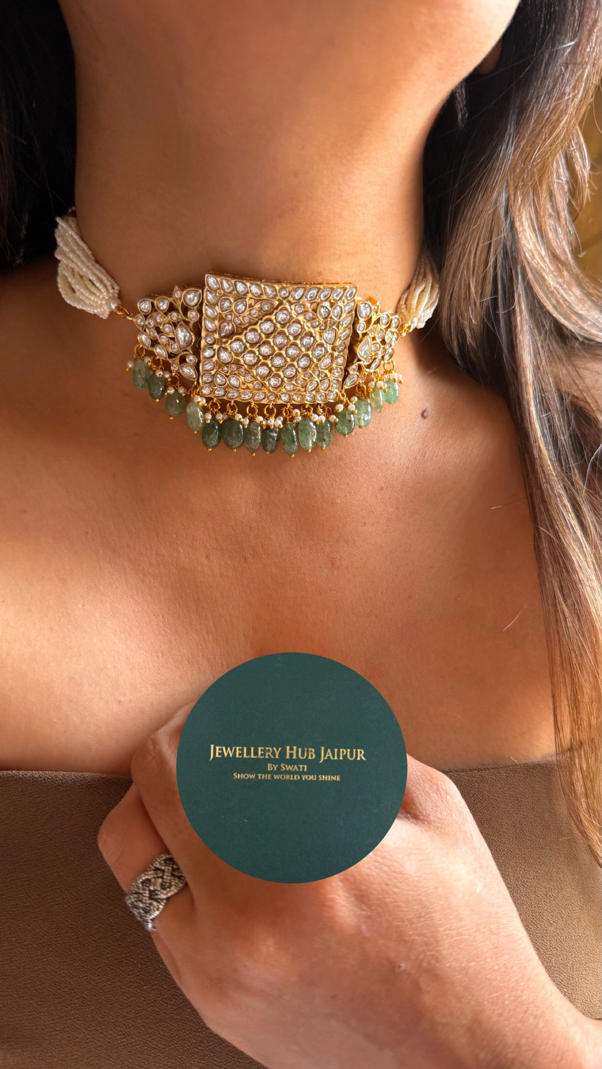 Paachi Kundan Jadaau with mint drops  thread choker necklace