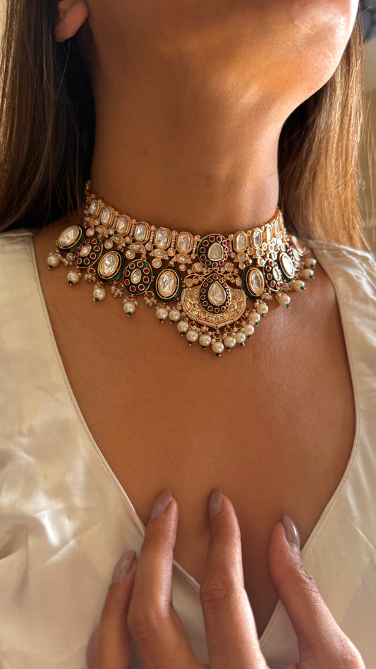 Vinayaka Moissanite heritage dance of peacock polki necklace with earrings