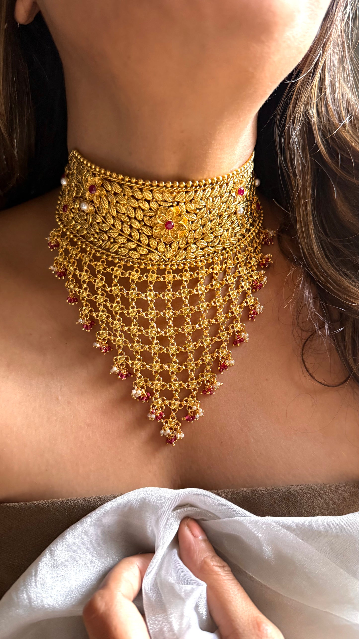 Dubai Gold inspired Ruby waterfall choker necklace with drop detailing