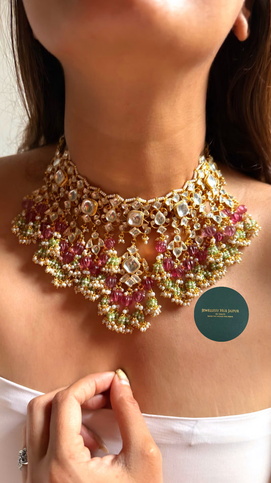 Paachi Heritage Rani pink & mint drops Kundan bridal set