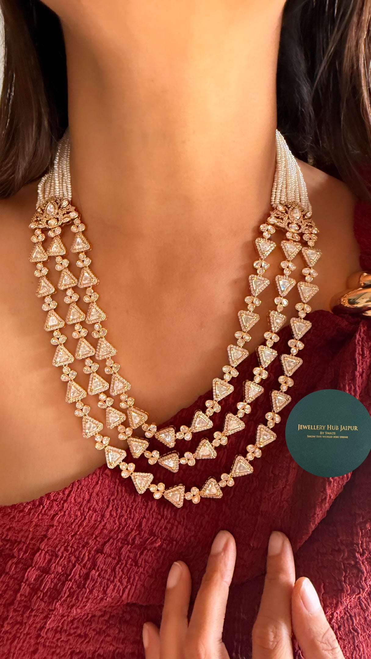 Real Polki triple line heritage necklace