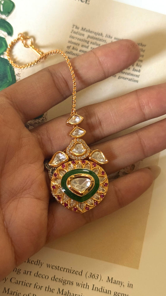 Emerald meenakari polki maangtika