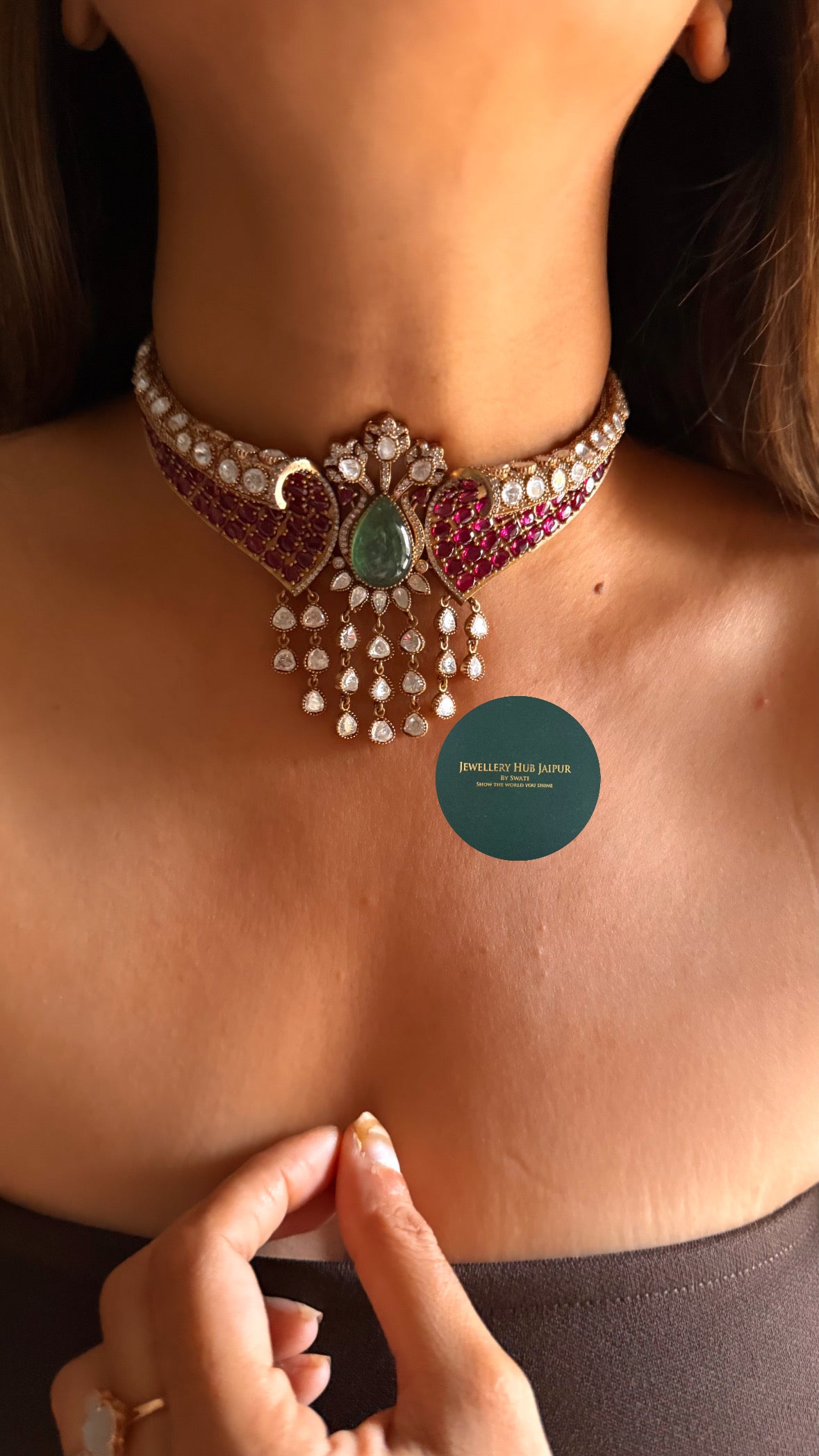 Mint doublet & rani pink moissanite polki designer choker set