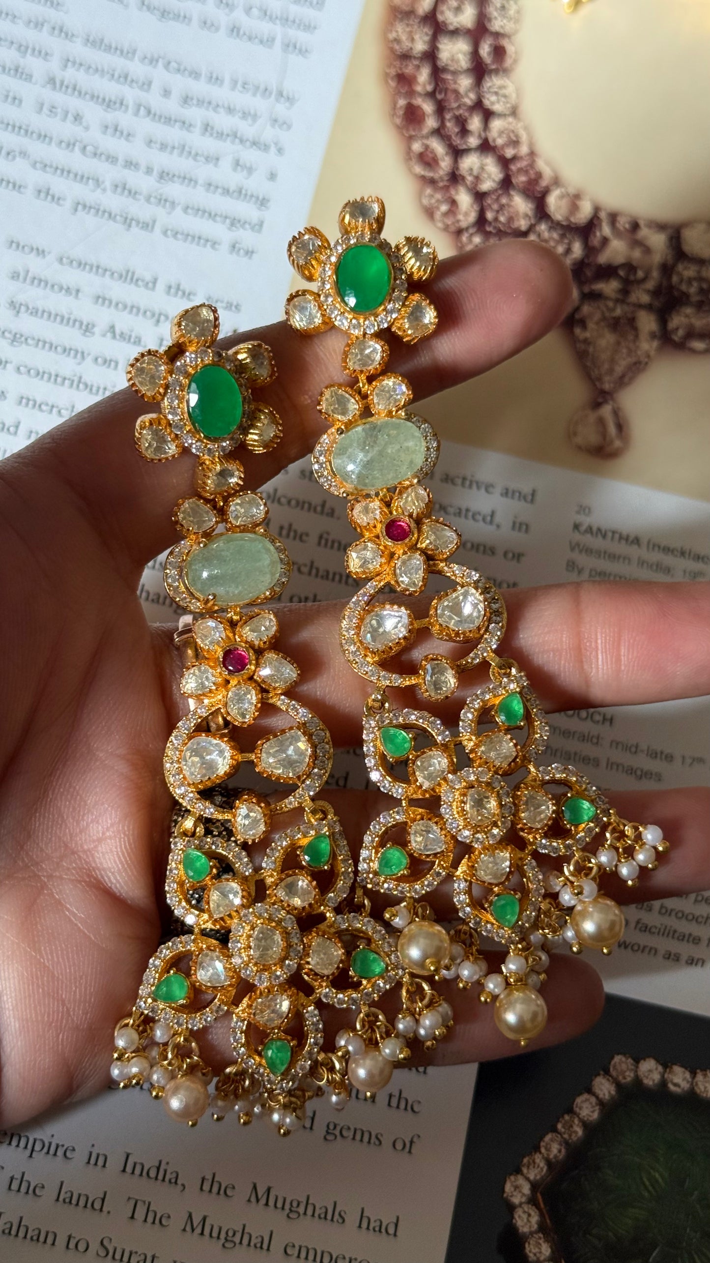 Emerald doublet ruby & real moissanite floral danglers