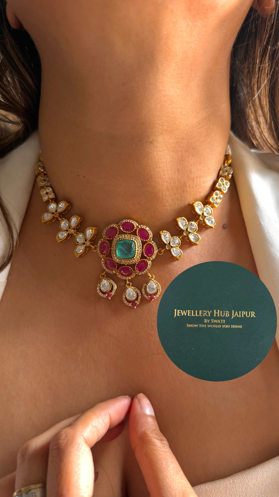 Floral designer mint & ruby statement necklace