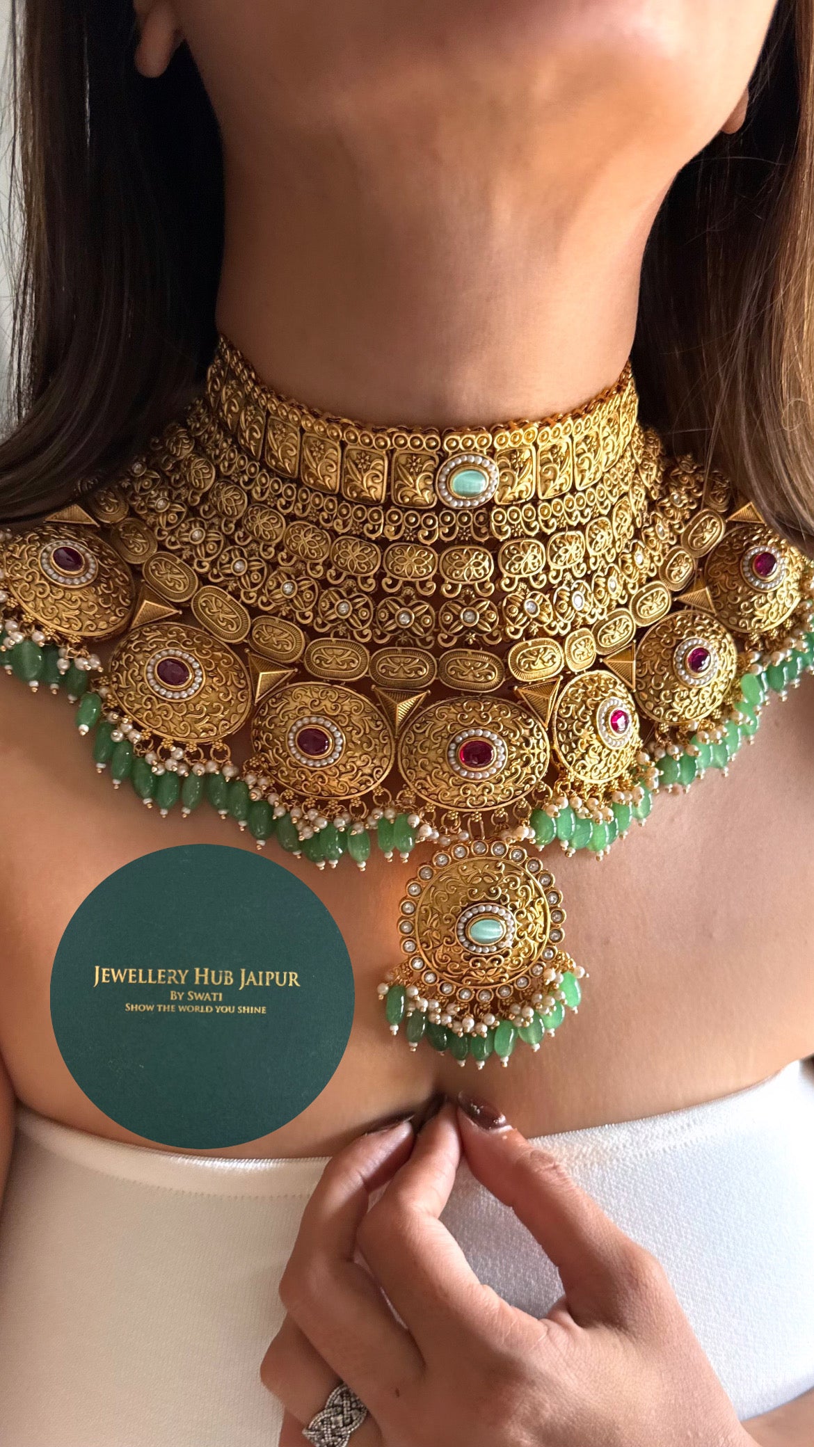 Maharani gold rani pink & mint bridal choker set
