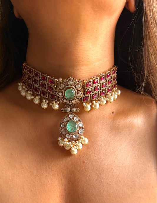 Kajol Mint doublet & rani pink moissanite with pearl drop choker