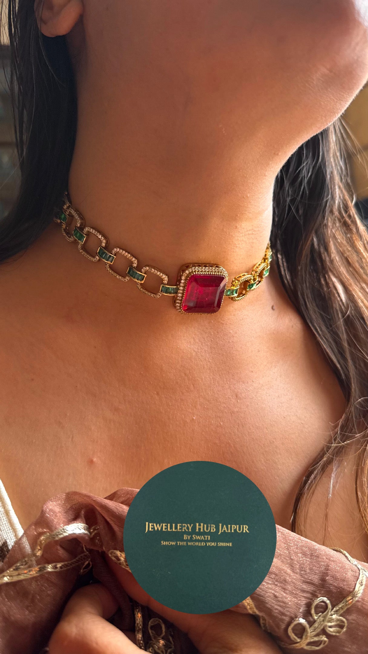 Ruby & emerald minimalist Choker necklace set