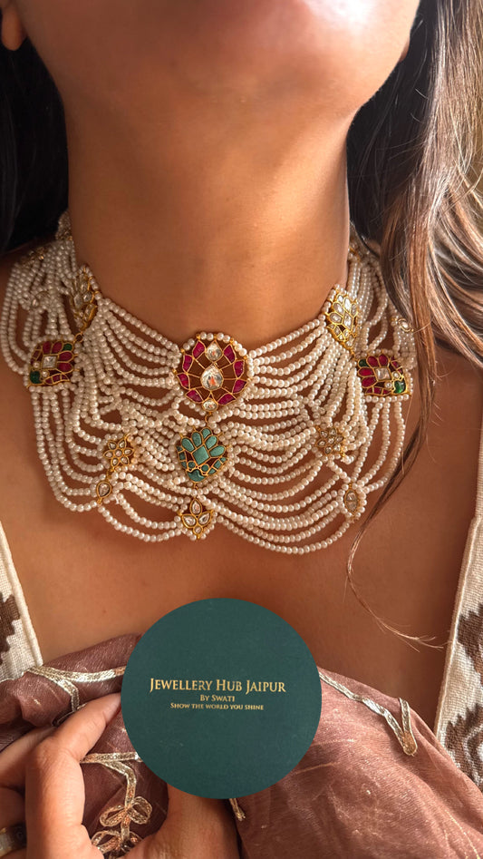 Firoza & ruby pachi Kundan  pearl  Necklace
