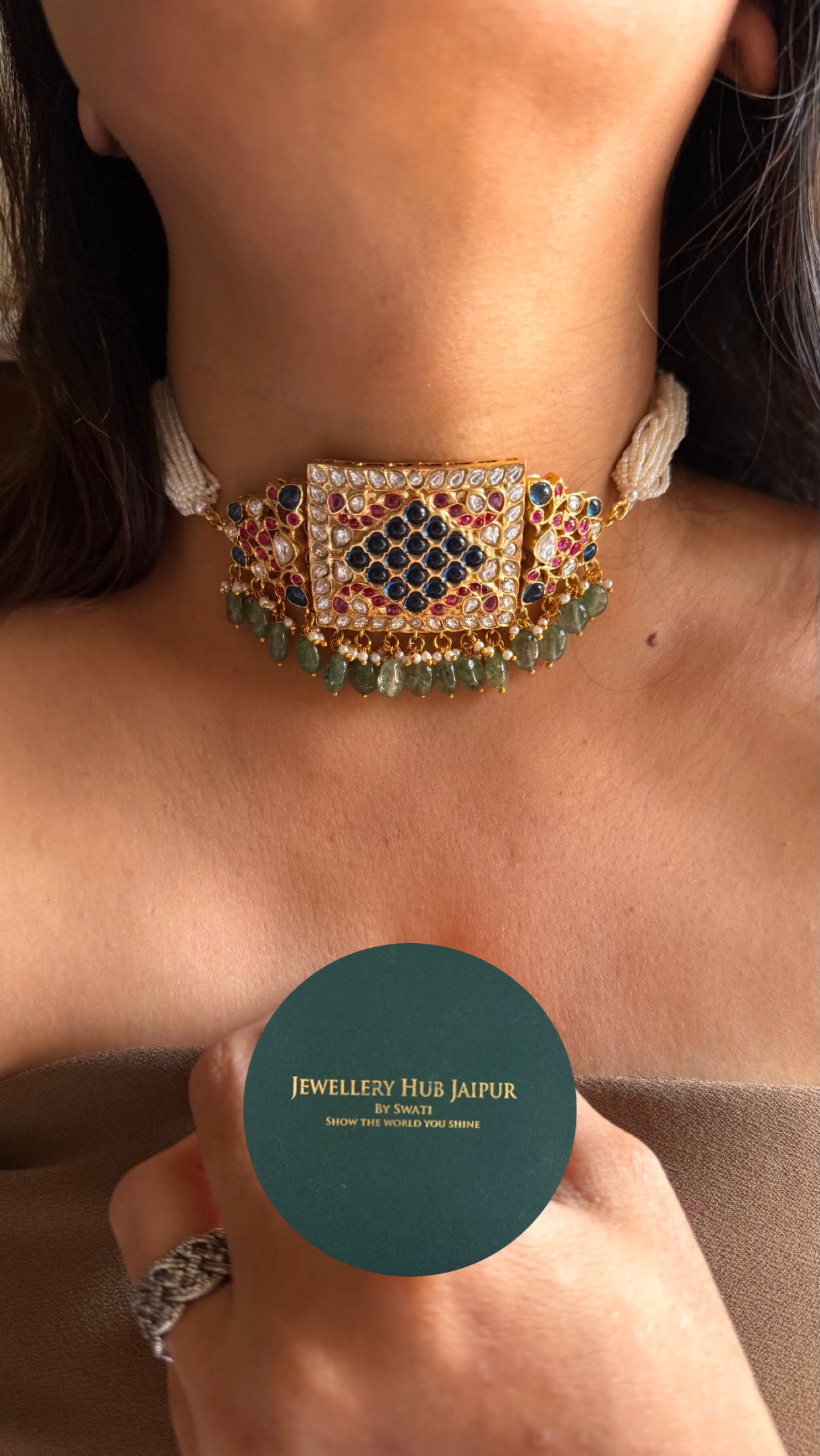 Paachi Kundan Jadaau sapphire &ruby  mint drops  thread choker necklace