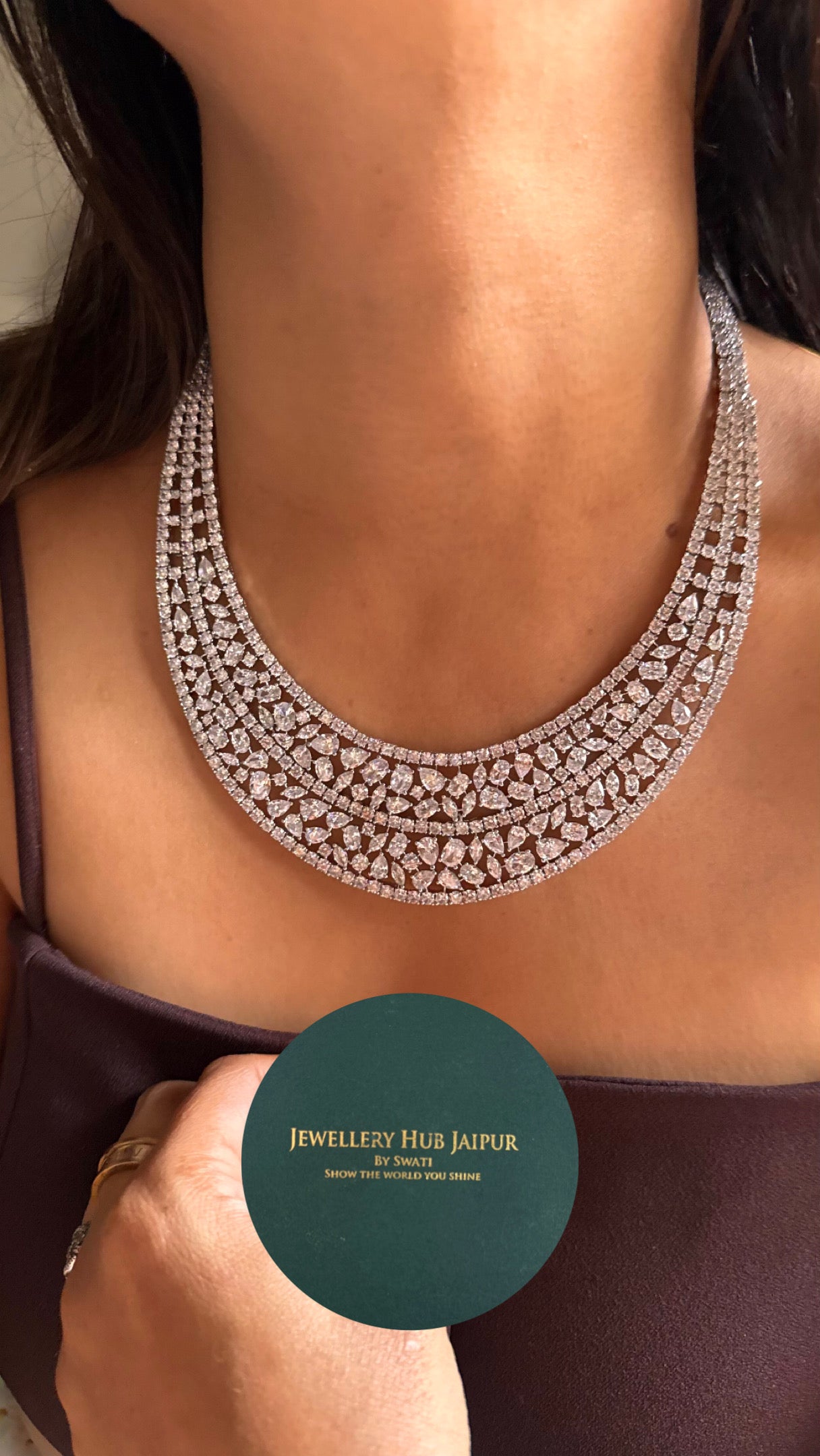 Cz diamond designer half moon shape necklace