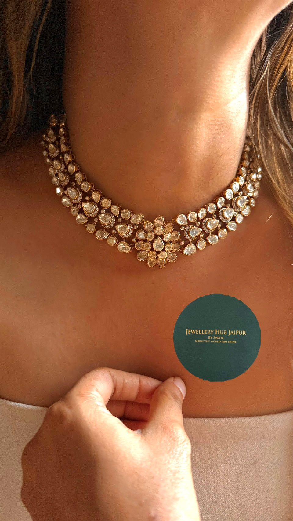 Floral real moissanite peeli polki Necklace
