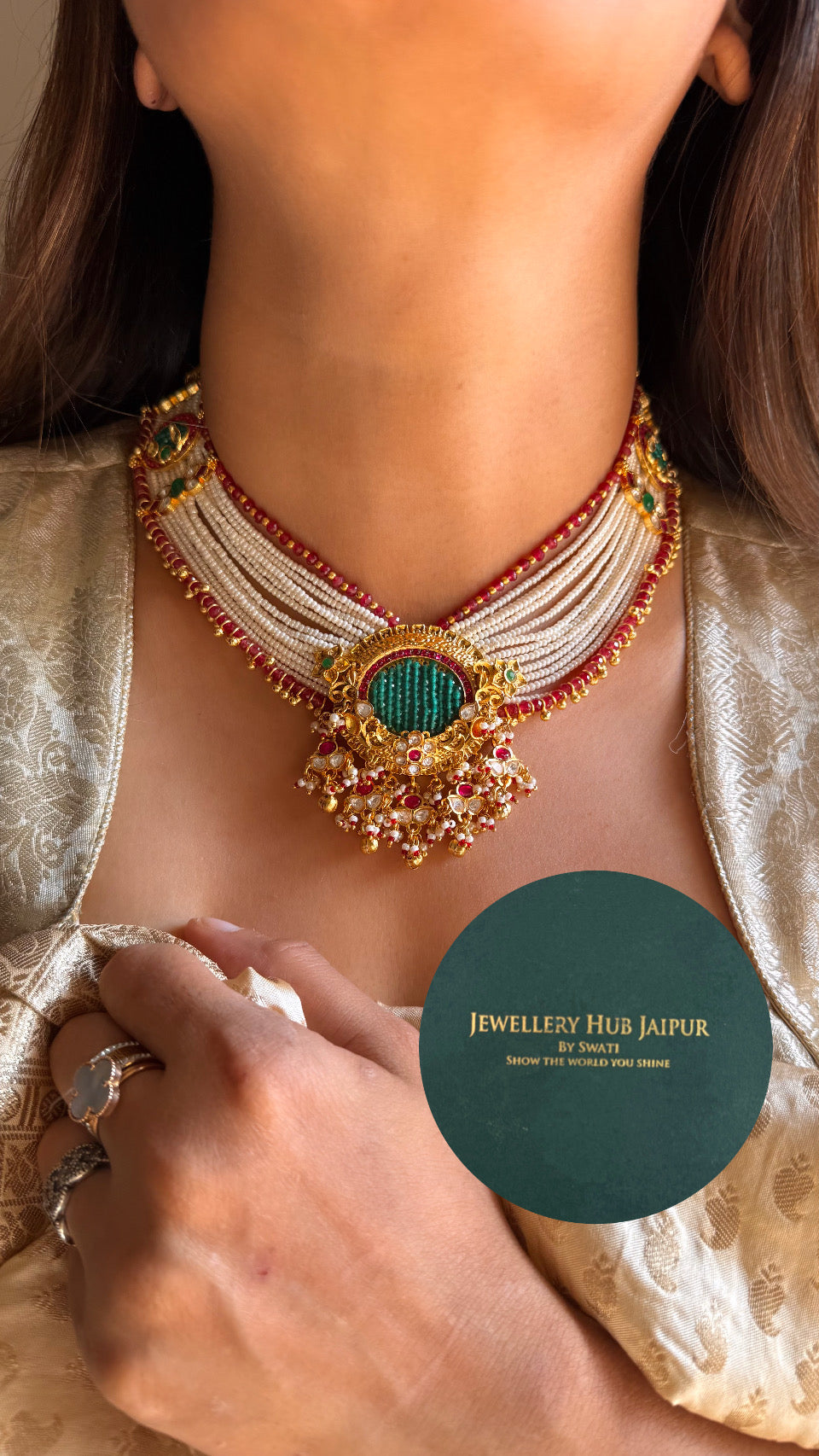 Real Moissanite Ruby & emerald pearl heritage necklace