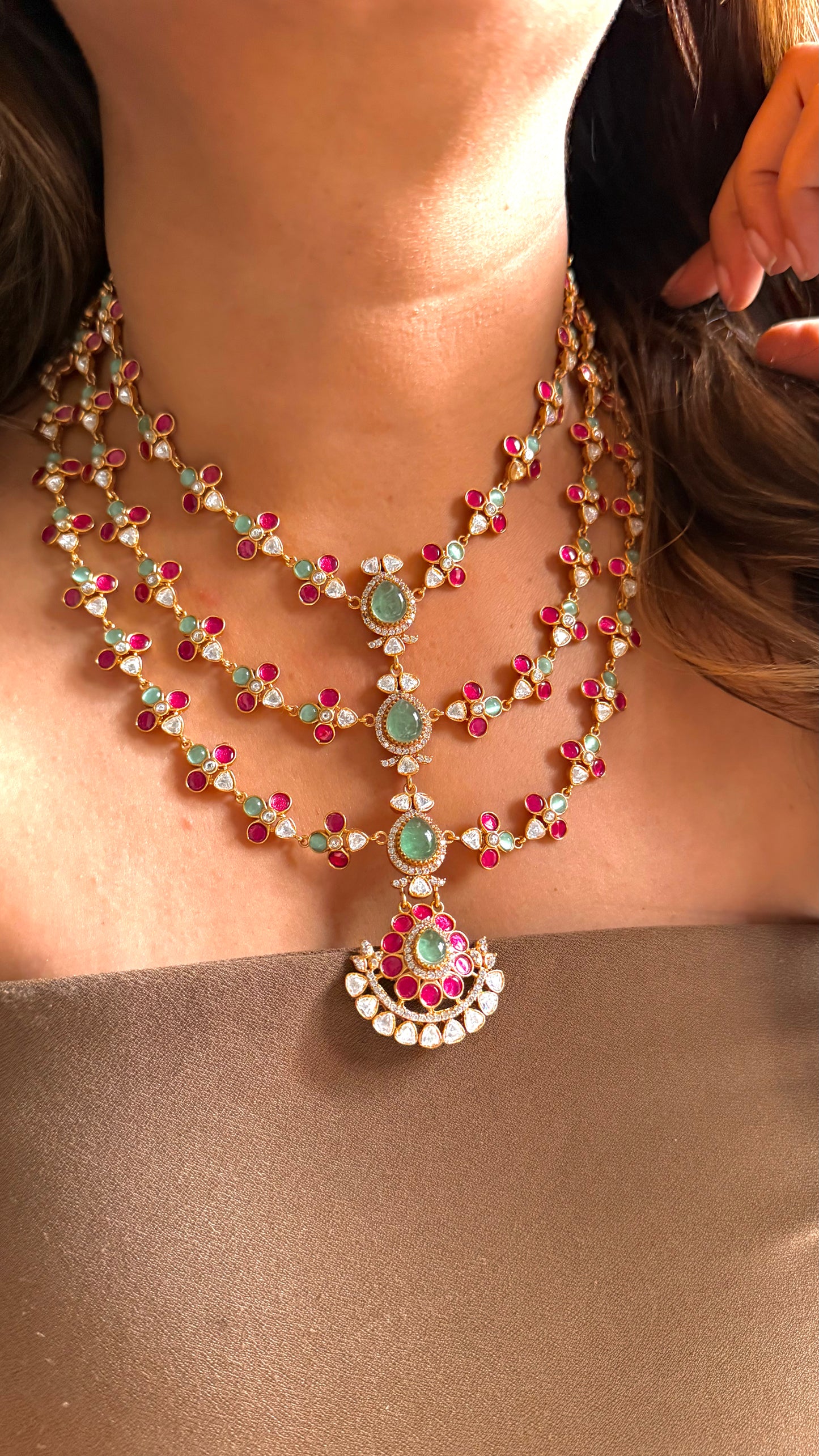 Triple layer mint and Rani pink Amrapali necklace