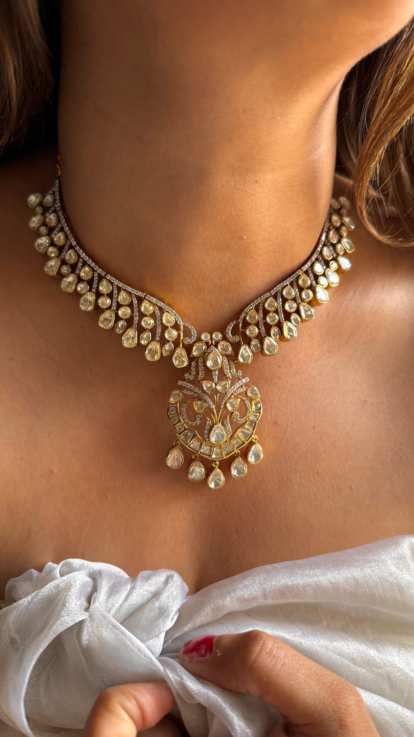 Real Moissanite (peeli polki- Lv Shade) designer Victorian necklace