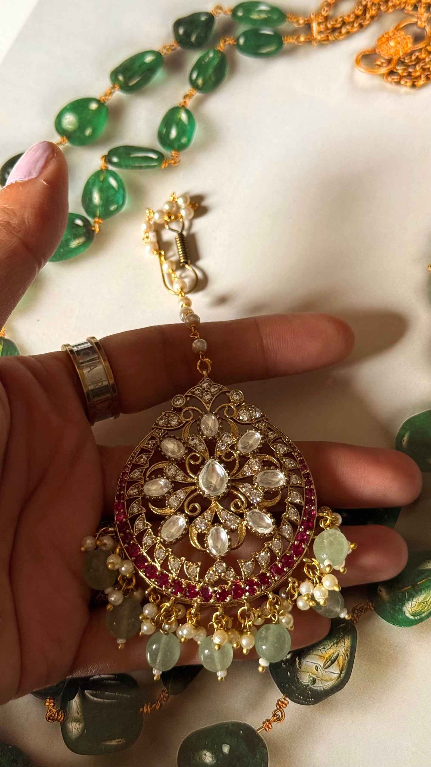 Rani pink kundan with mint strawberry Maangtika