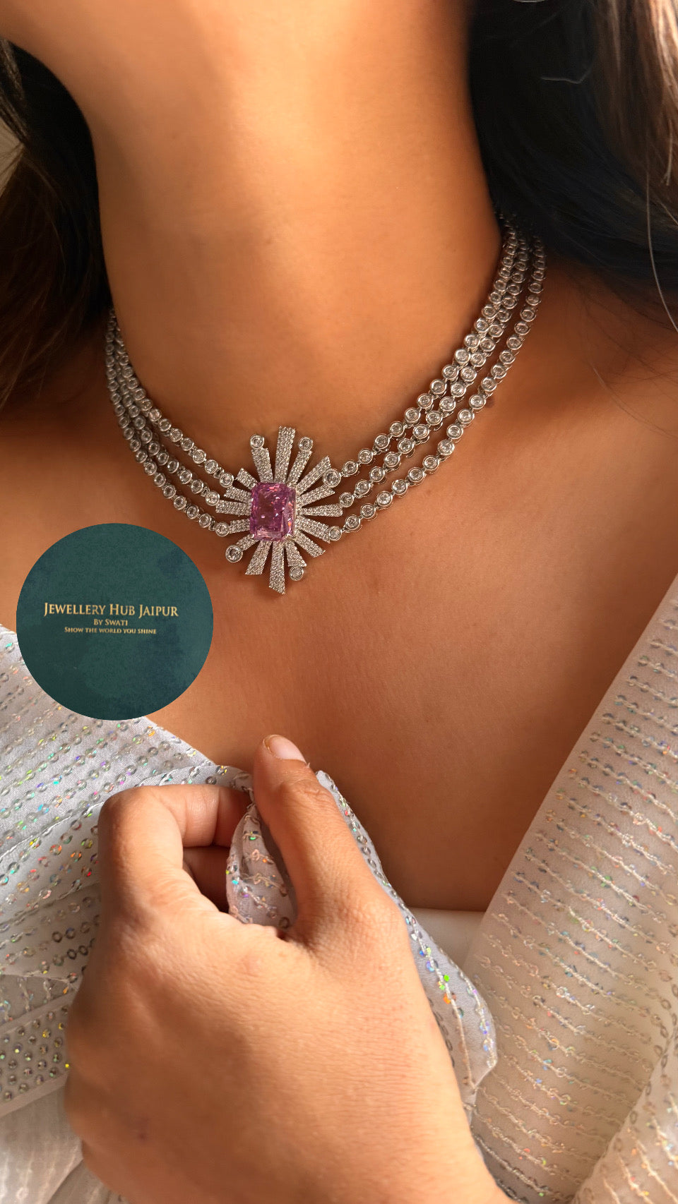 Rose Quarts diamond triple layer cocktail necklace