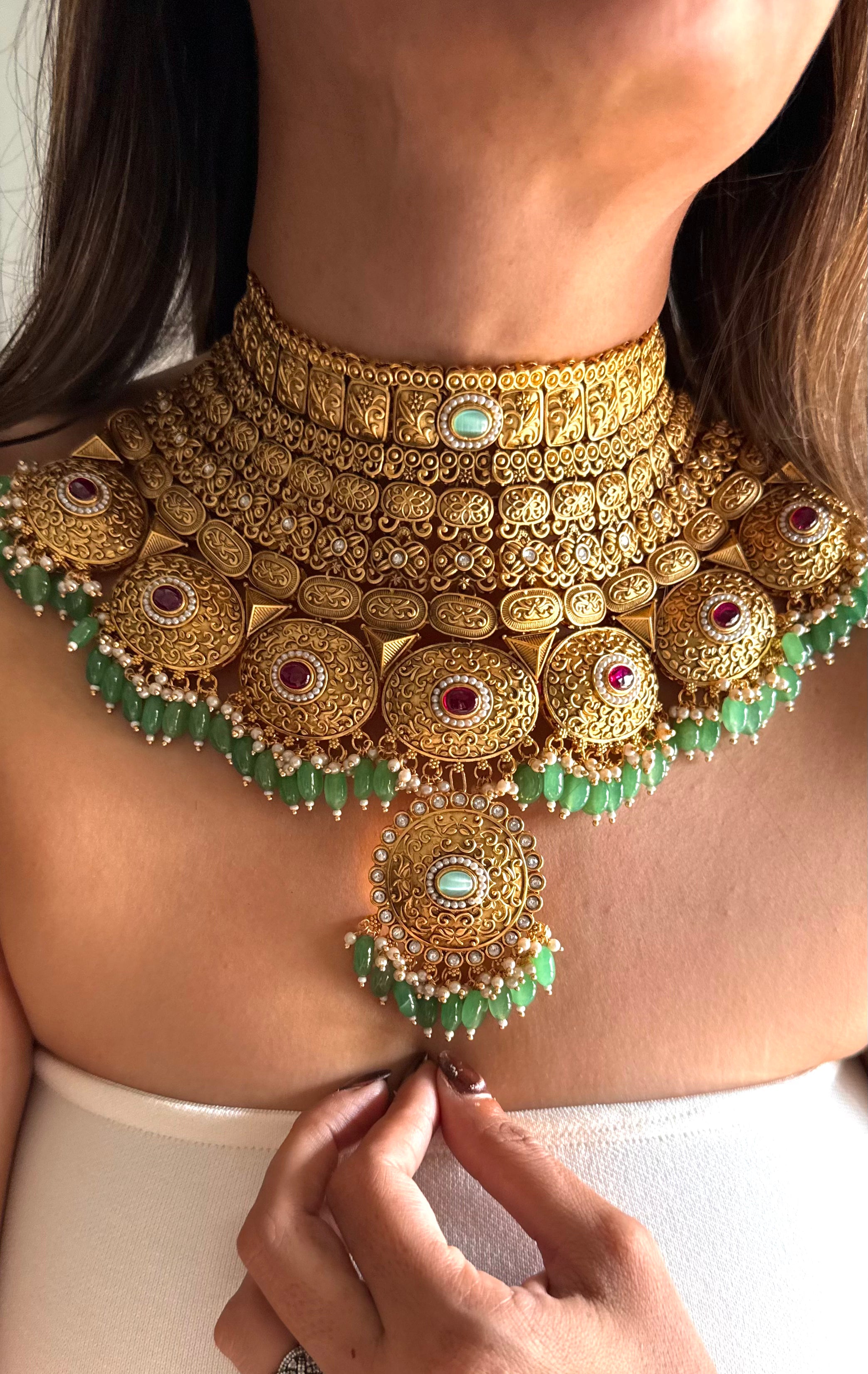 Maharani golden rani pink & mint bridal choker set