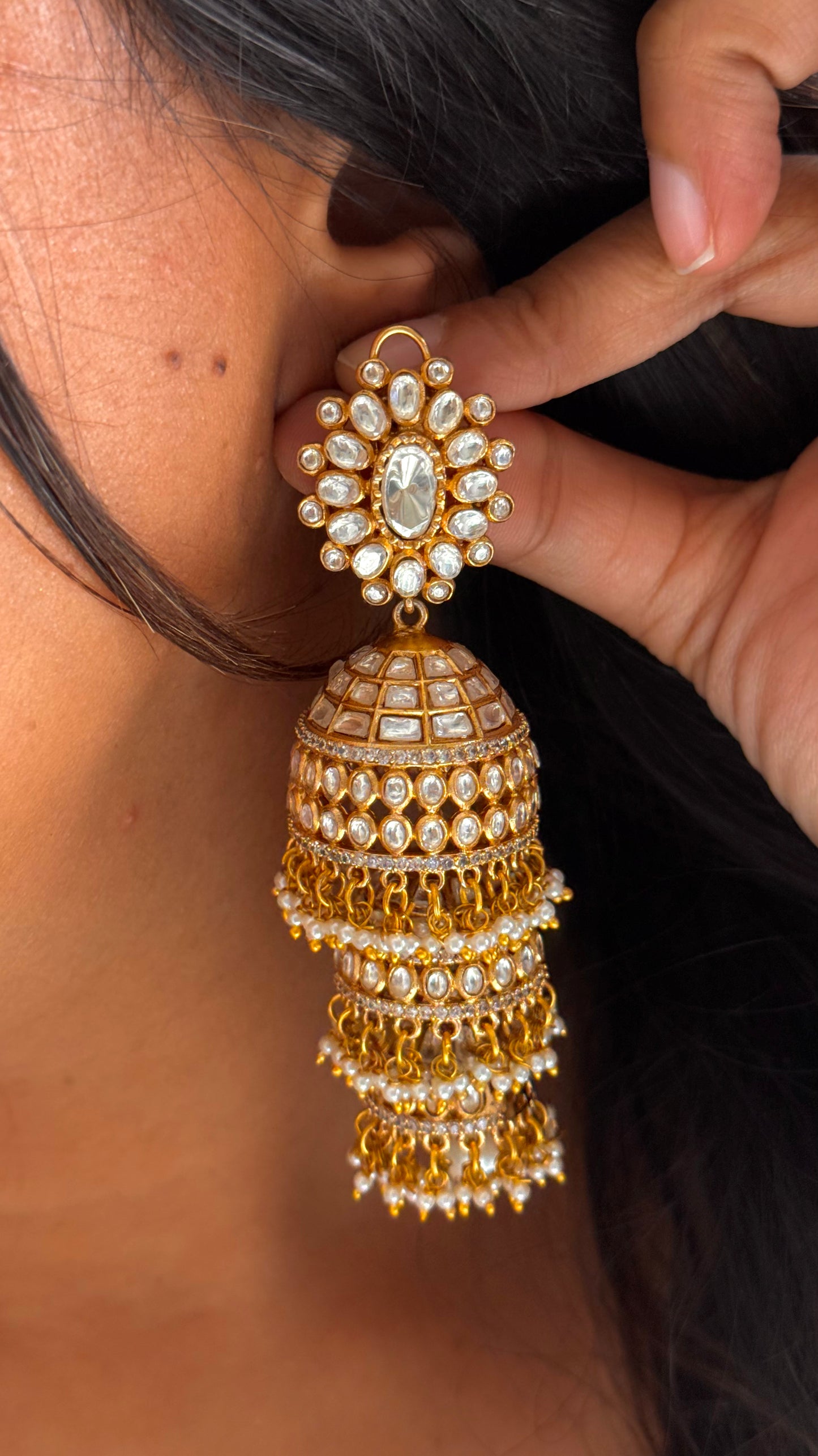 Real  moissanite floral  triple layer jhumki