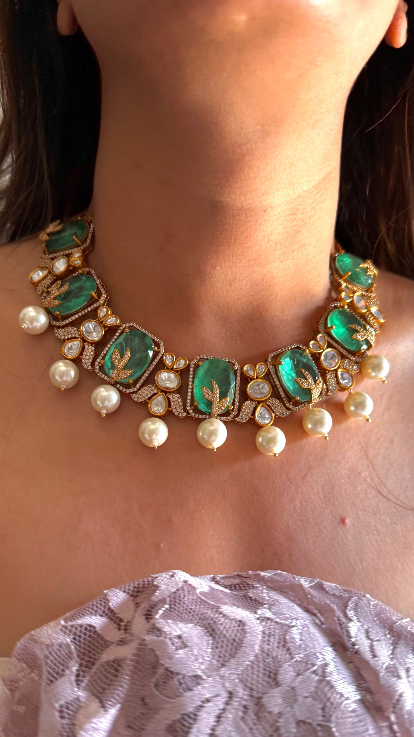 Mint doublet pearl drop designer collar necklace