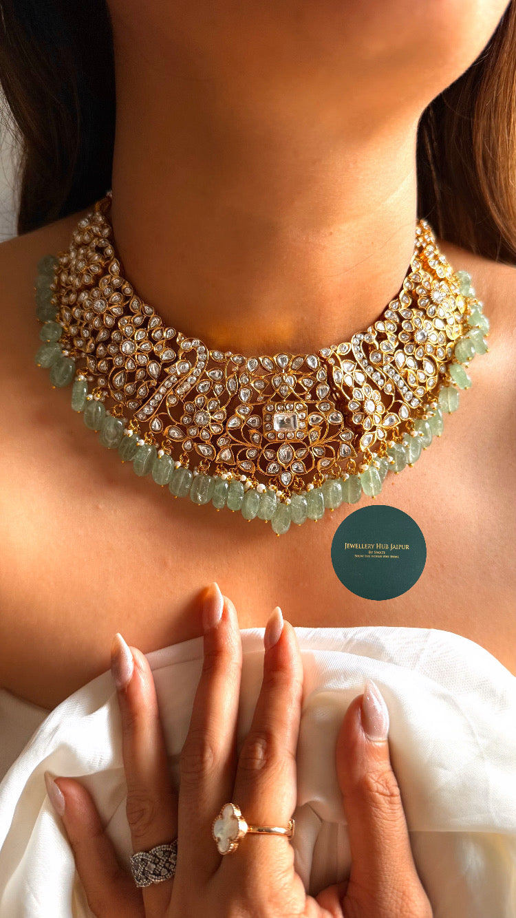 Heritage Moissanite floral with mint drop collar set